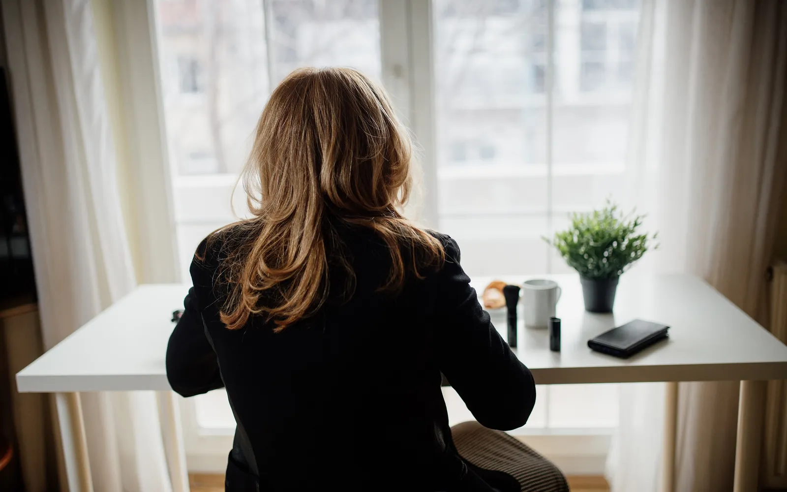 A woman seen from behind working at a computer on a home desk